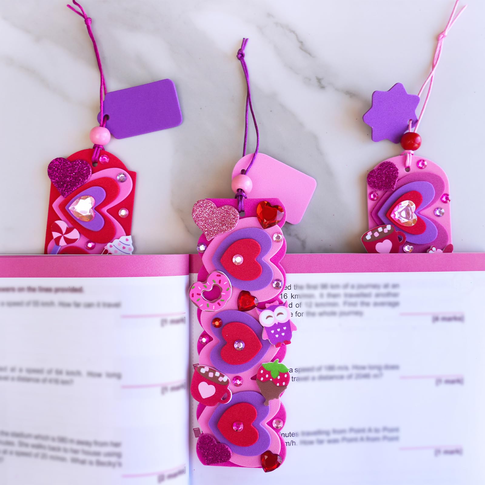 Winlyn foam bookmark stickers with 3-connected hearts for a playful 3D look.