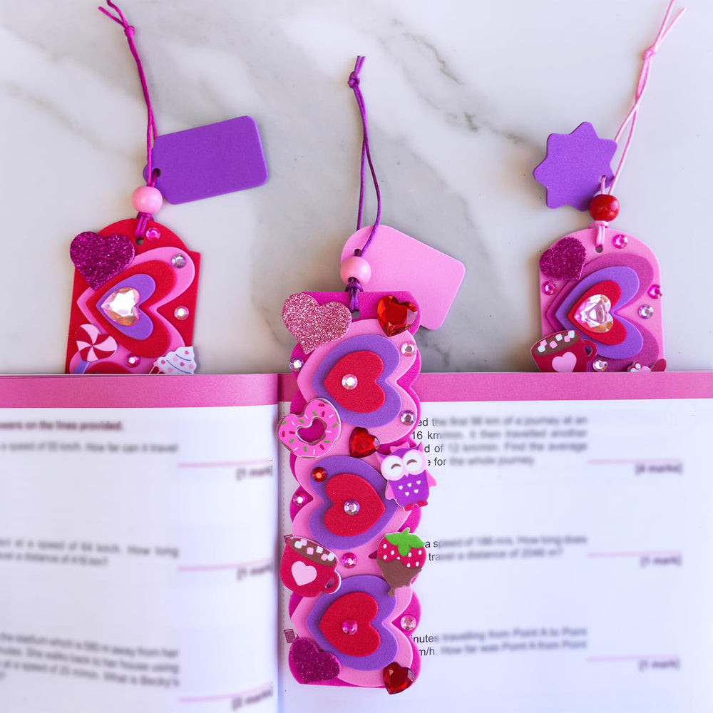 Winlyn foam bookmark stickers with 3-connected hearts for a playful 3D look.