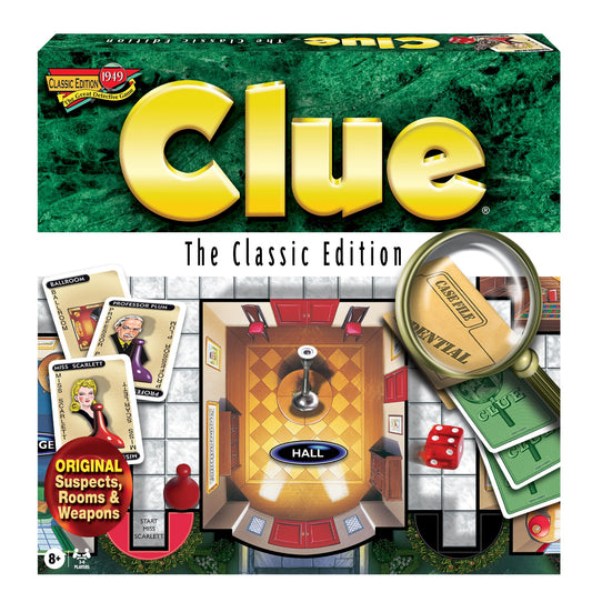 Winning Moves Clue Classic: Professor Plum in Boddy Mansion with 1949 card artwork for nostalgic play