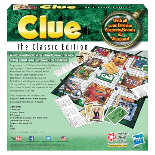Winning Moves Clue Classic board artwork featuring the six suspects including Professor Plum
