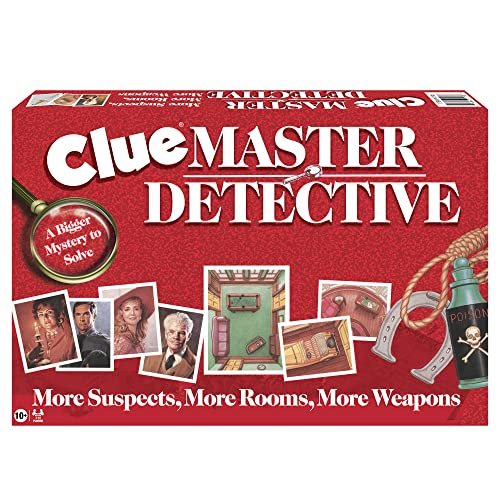 Winning Moves Clue Master Detective brass weapons—tactile brass-toned pieces for dramatic deductions.