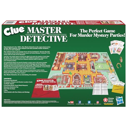 Winning Moves Clue Master Detective cards and case file organize clues for smoother rounds.