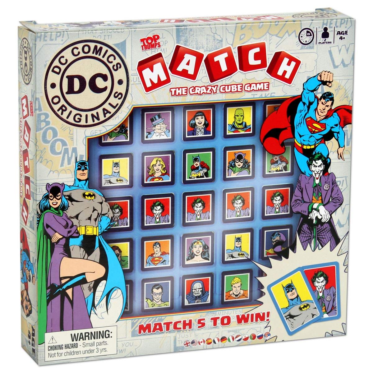 Winning Moves DC Top Trumps Match cubes grid featuring colorful character icons for quick, replayable fun