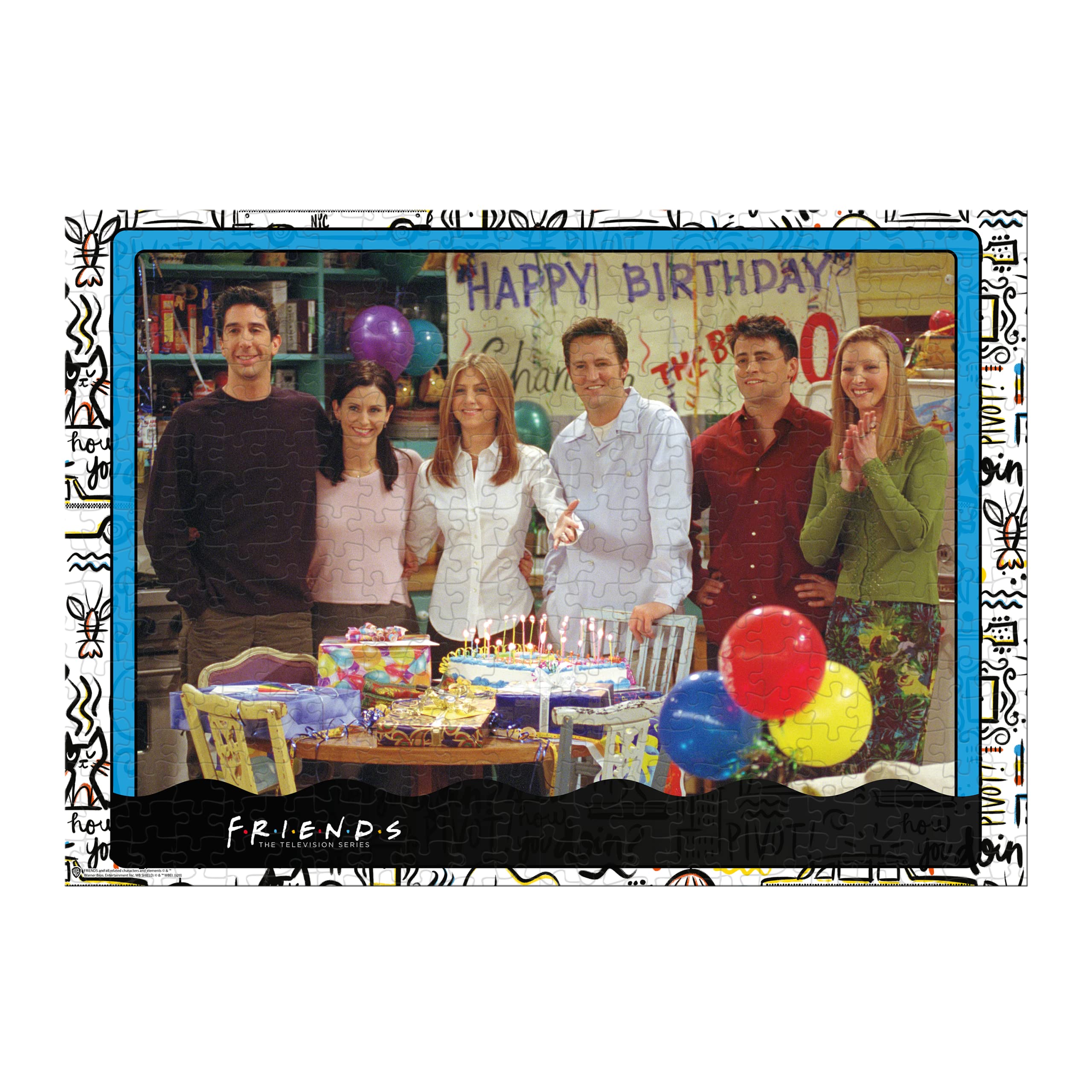 Winning Moves Friends characters around cake, ideal for group puzzle sessions.