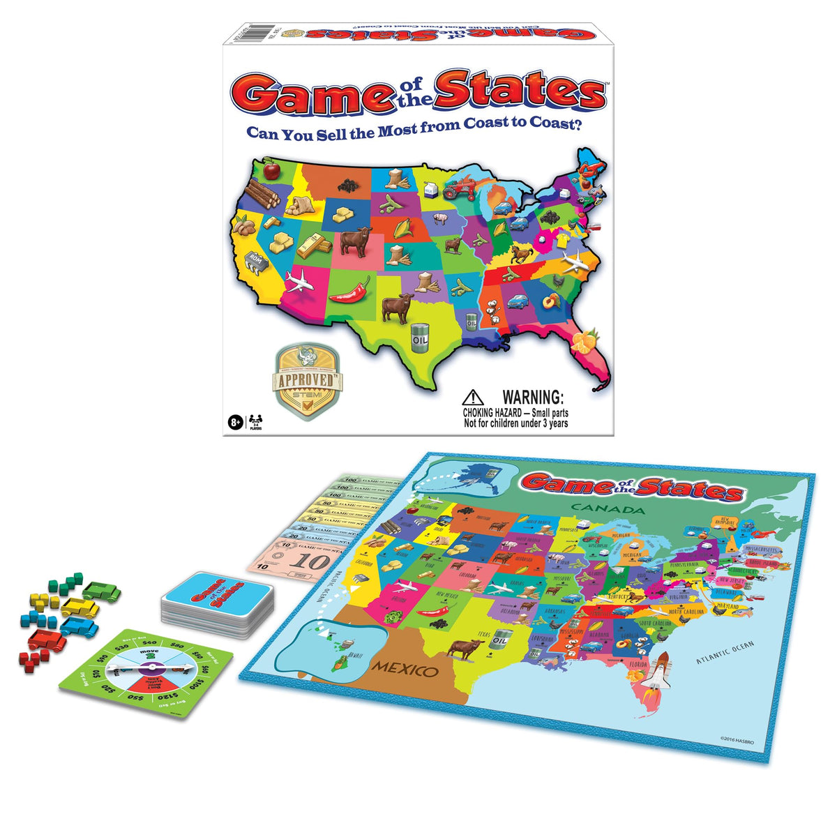 Winning Moves Game of The States board with 1970s artwork encourages geography learning.