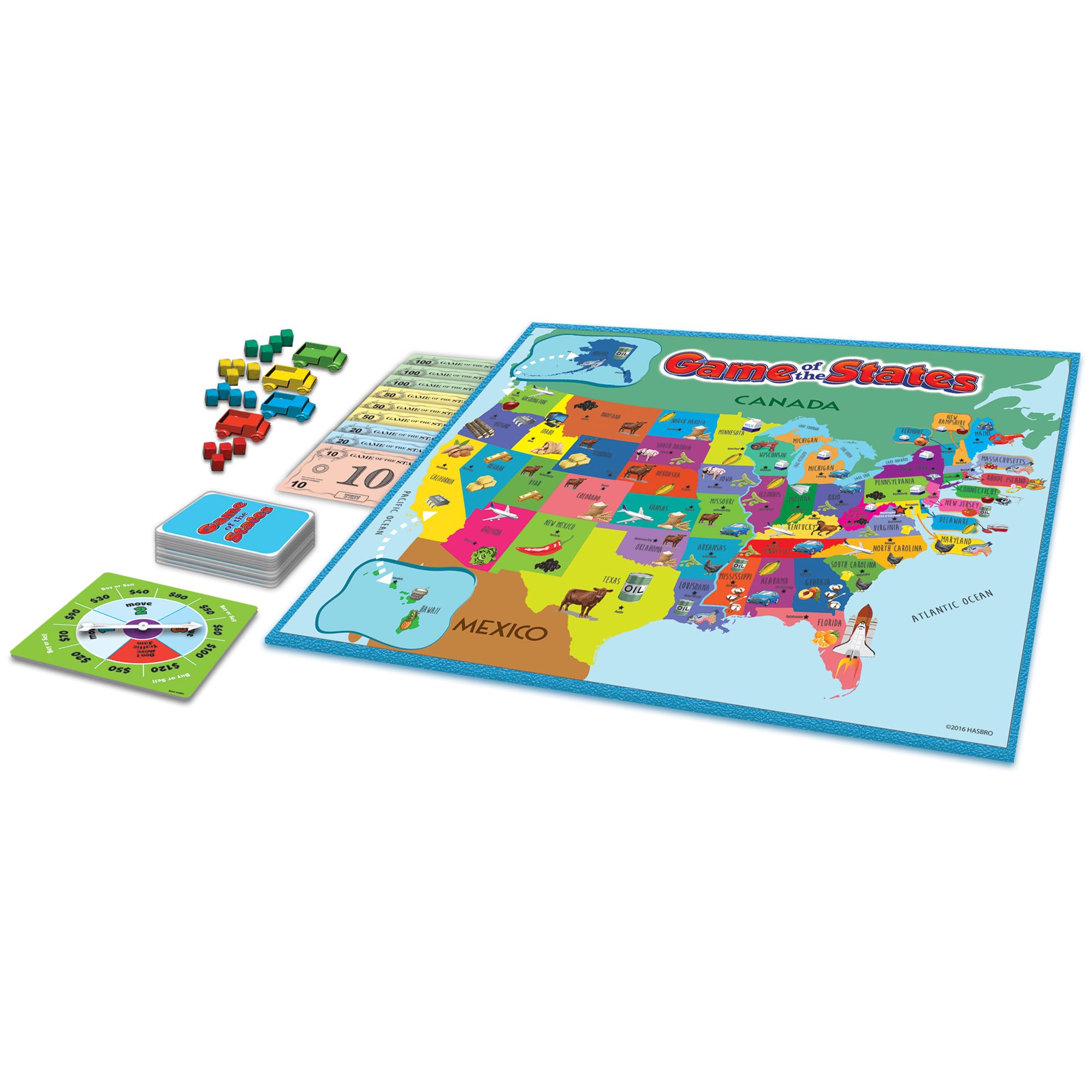 Winning Moves Game of The States money and spinner enable strategic scoring.