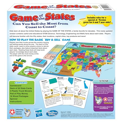 Winning Moves Game of The States state cards reveal STEM facts and trivia.