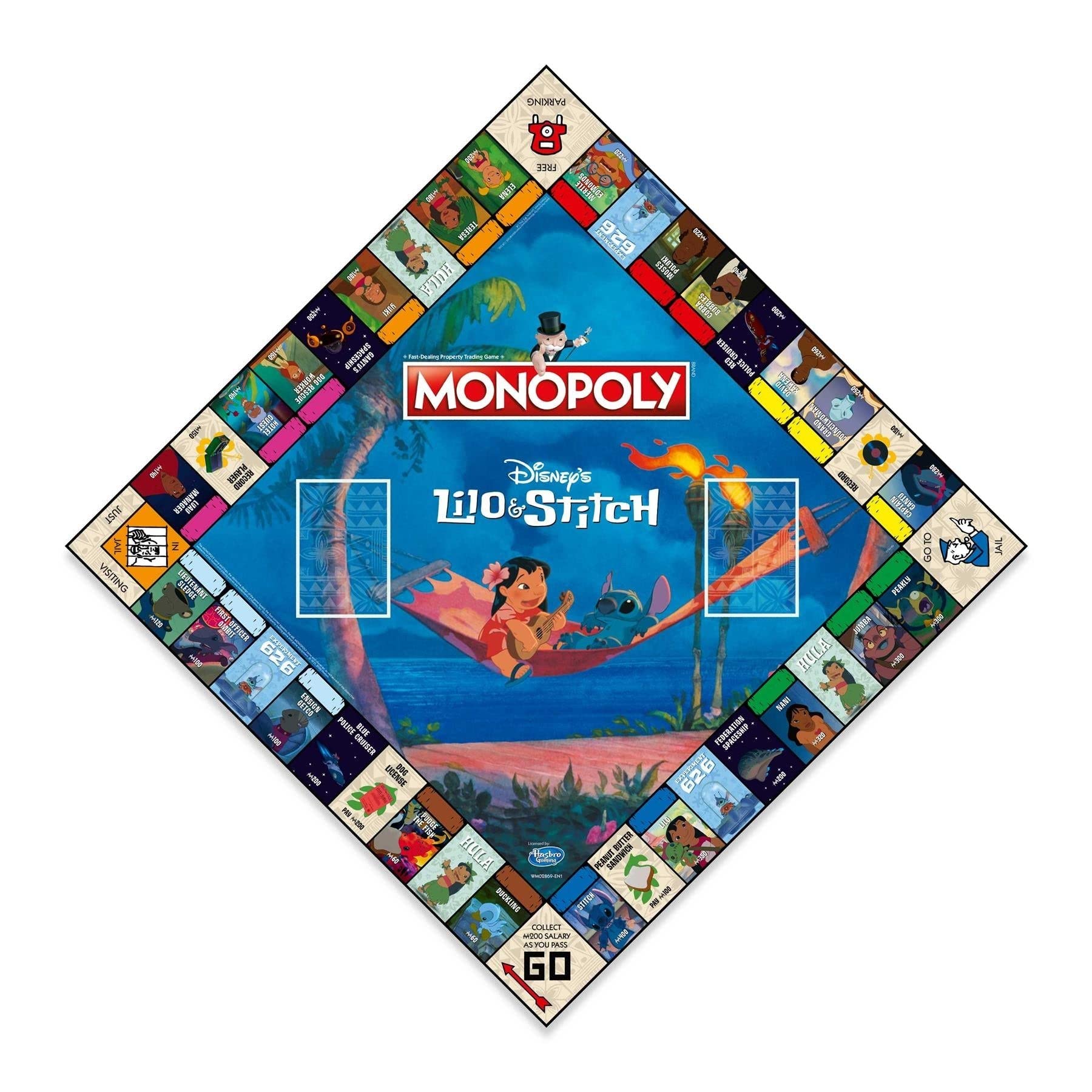 Winning Moves Lilo & Stitch Monopoly token collection on the board during play.