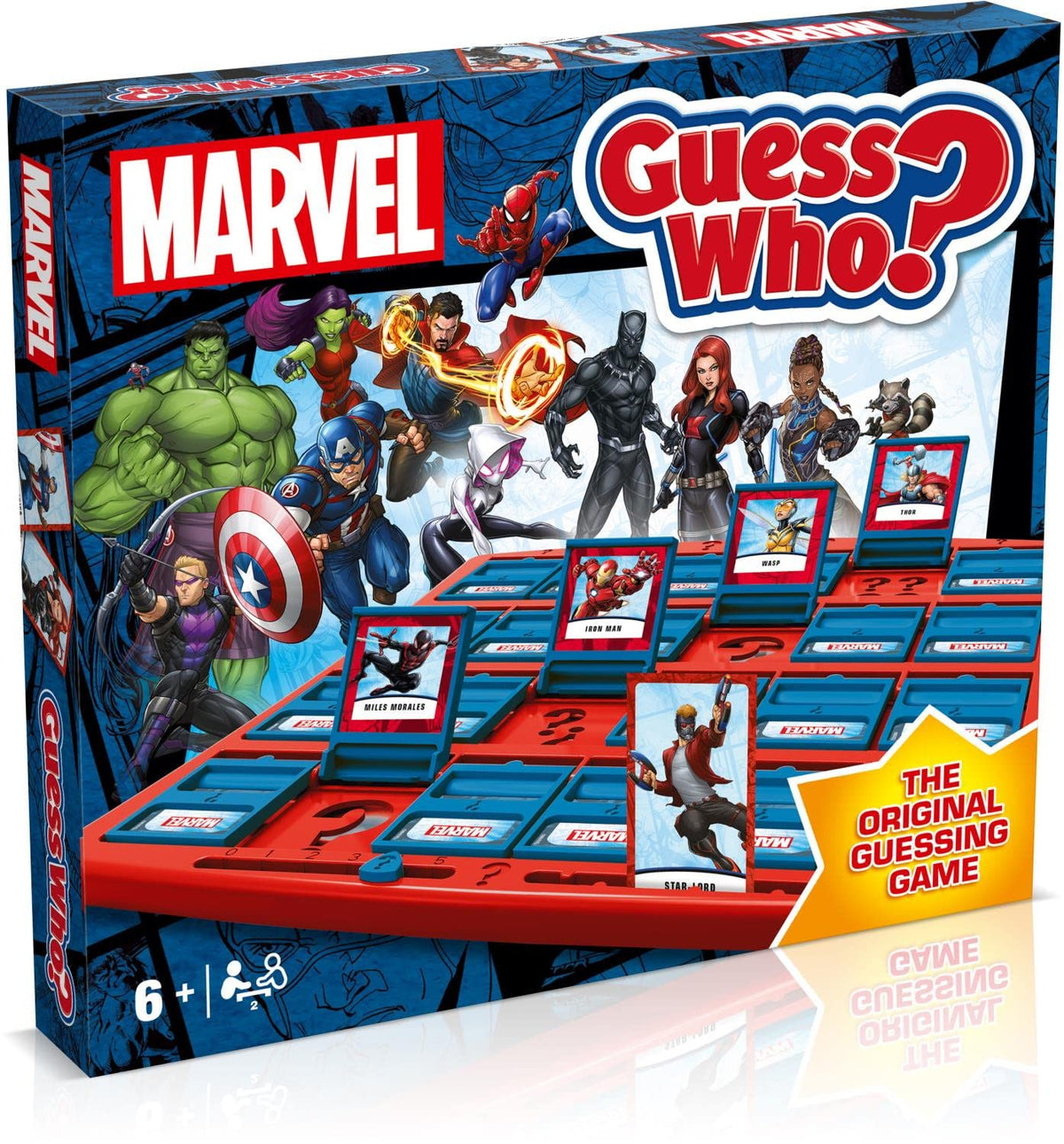 Winning Moves Marvel Guess Who? box front featuring iconic heroes for family fun