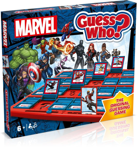 Winning Moves Marvel Guess Who? box front featuring iconic heroes for family fun