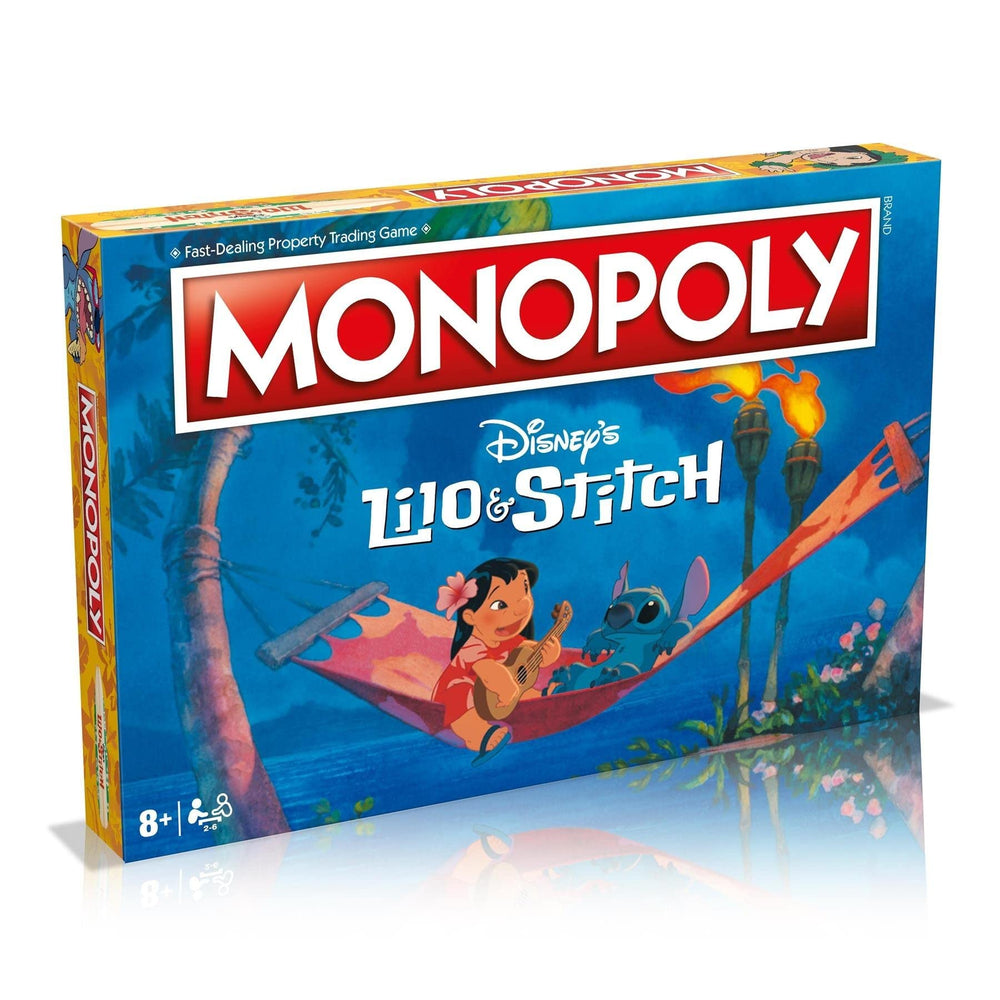 Winning Moves Lilo & Stitch Monopoly board featuring character tokens and colorful properties.