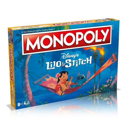 Winning Moves Lilo & Stitch Monopoly board featuring character tokens and colorful properties.