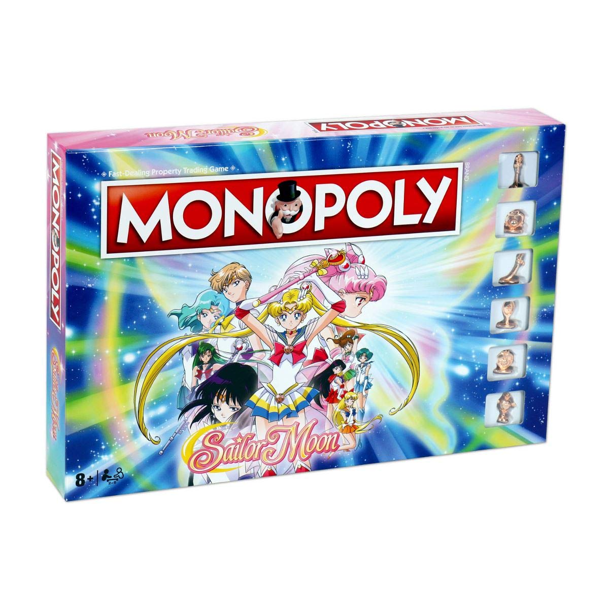 Winning Moves Monopoly Sailor Moon Edition board shows game setup for family play and anime theme.