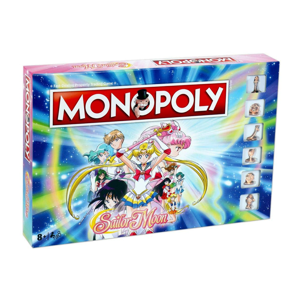 Winning Moves Monopoly Sailor Moon Edition board shows game setup for family play and anime theme.
