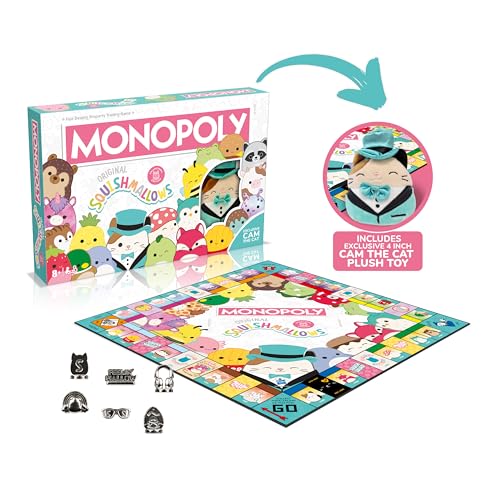 Winning Moves Monopoly Squishmallows Cam Cat plush-4in offers a tactile keepsake while playing