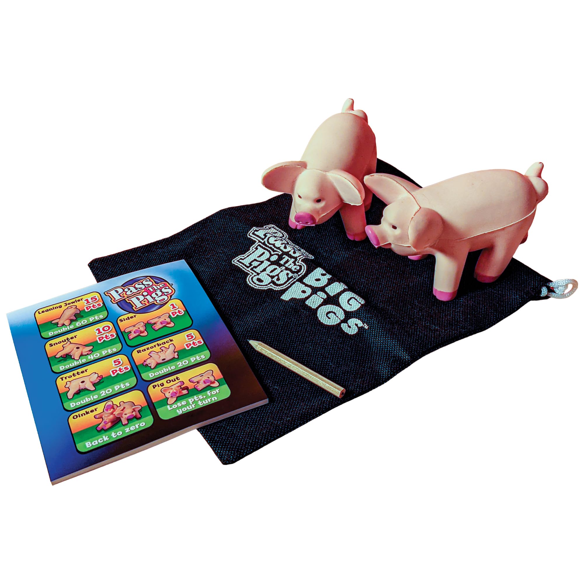 Winning Moves Pass The Pigs Big Pigs includes score pad and storage pouch.
