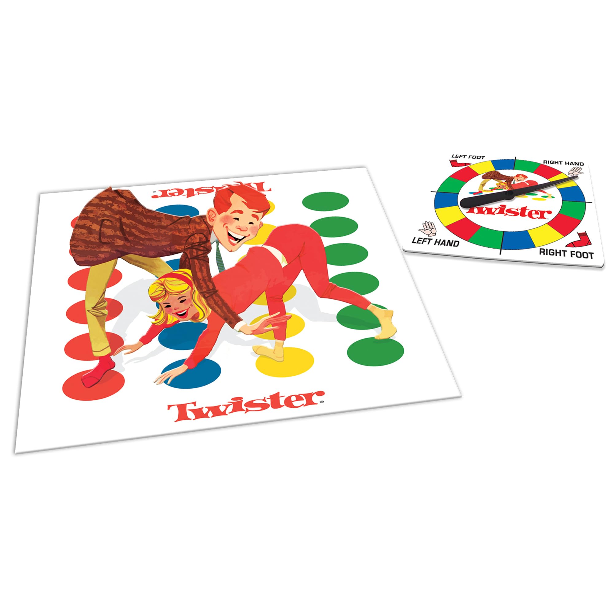 Kids and adults twist on vinyl mat for active play with Winning Moves Twister.