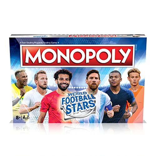Winning Moves World Football Stars Monopoly board with clubs and sponsorship themes for strategy.