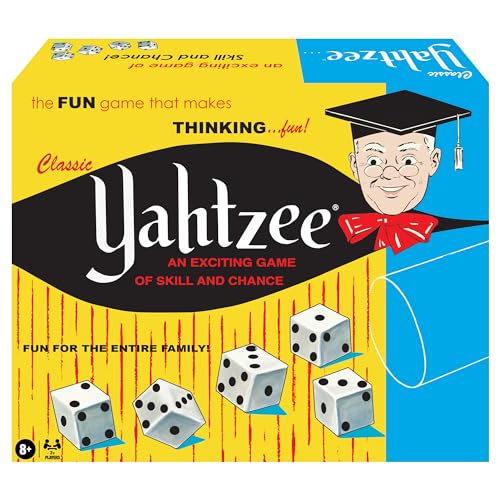 Winning Moves Yahtzee five white dice ready for scoring options.
