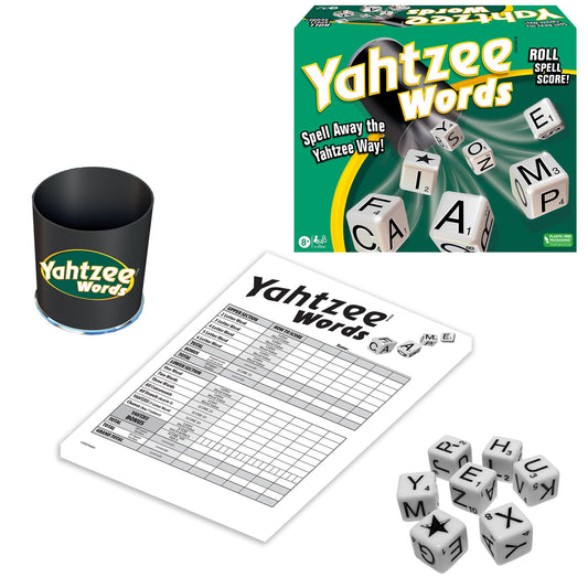 Winning Moves Yahtzee Words seven dice on the table for word-building fun