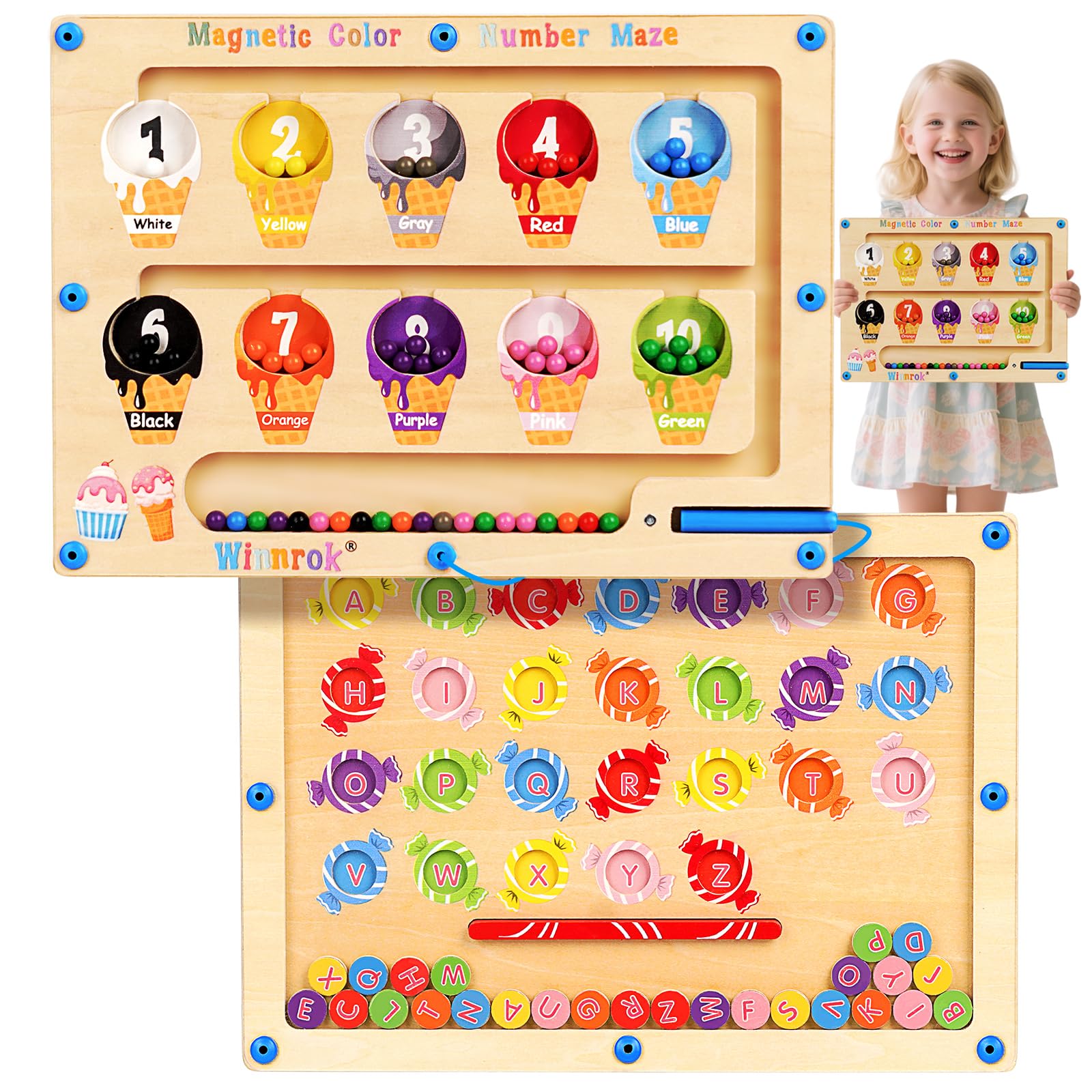 Winnrok 2-in-1 magnetic color and number maze front view for color and counting practice.