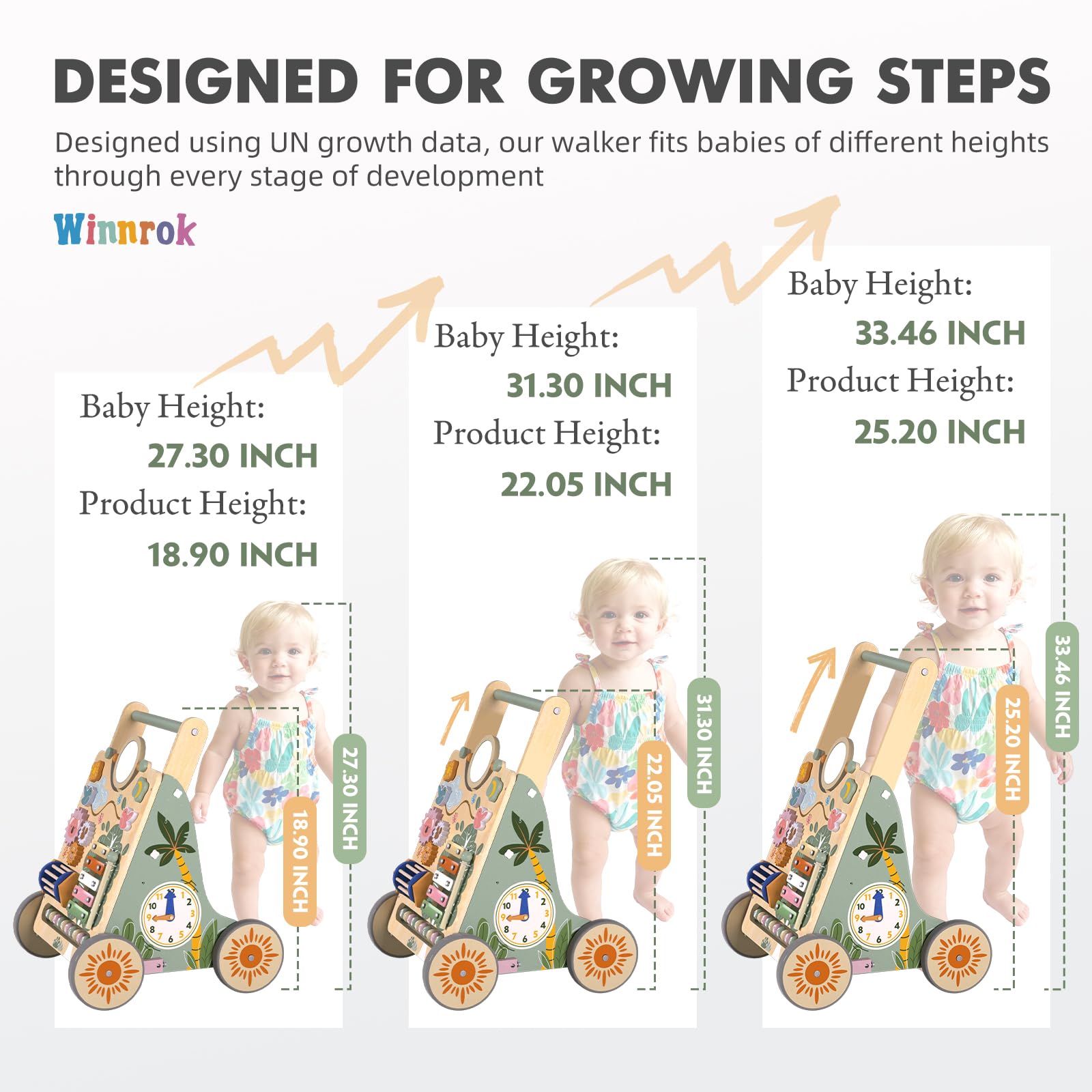 Winnrok walker at 22-1 inches height adjusts as baby grows