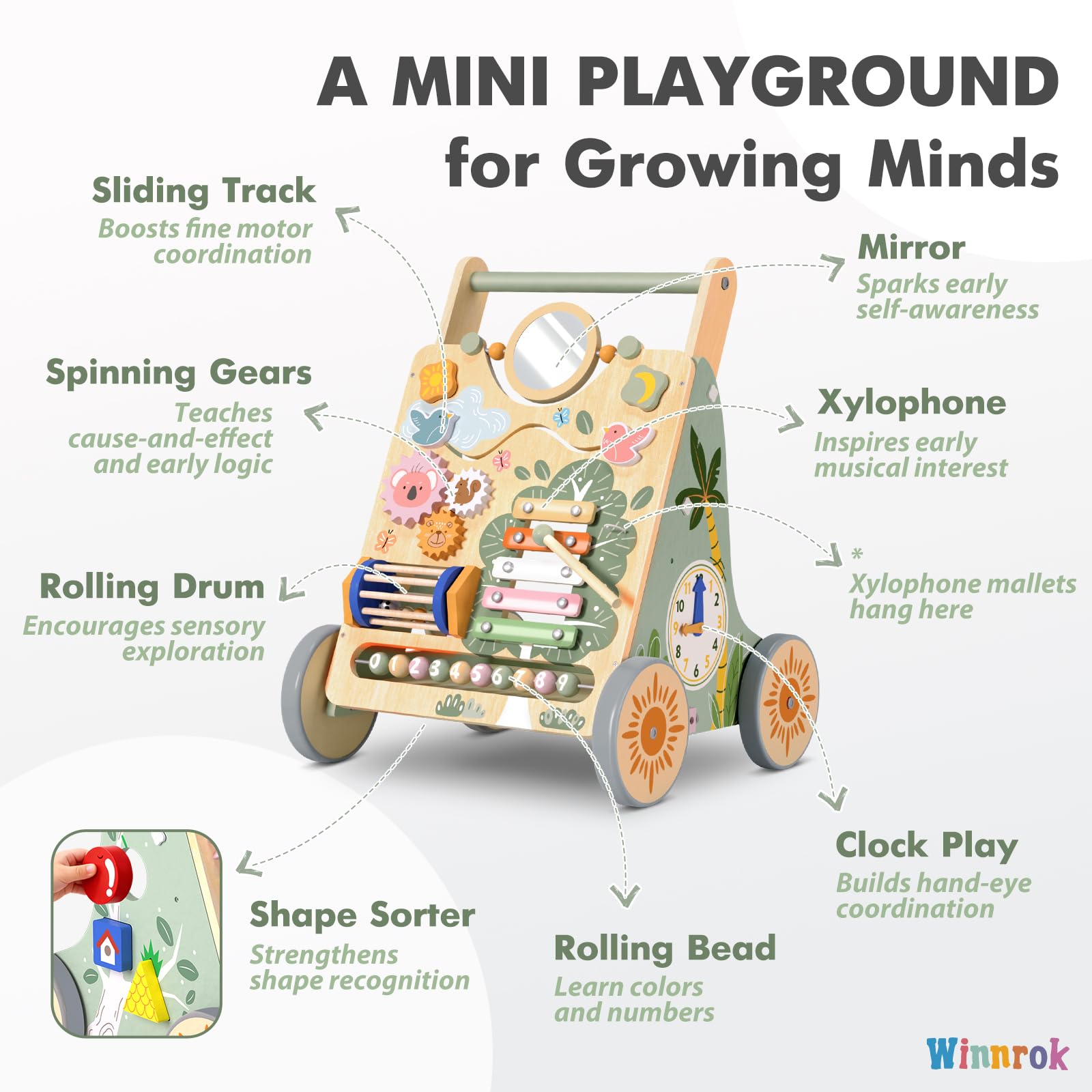 Winnrok walker with silent wheels protects floors for quiet indoor play