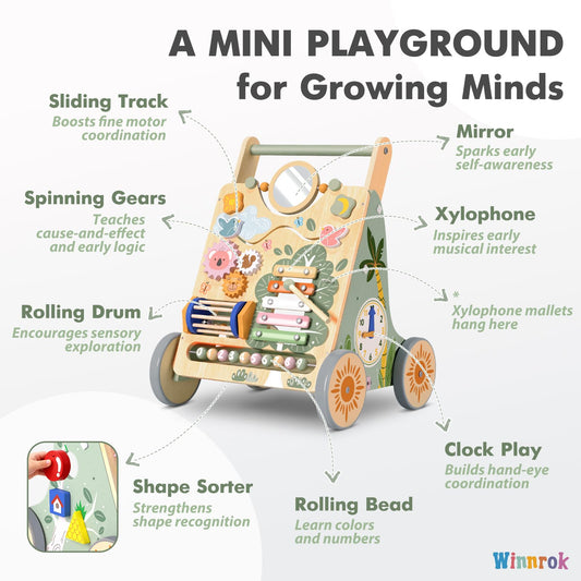 Winnrok walker with silent wheels protects floors for quiet indoor play