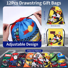 Winrayk drawstring bag adjustable opening showcases racing motifs, great for kids' favors.