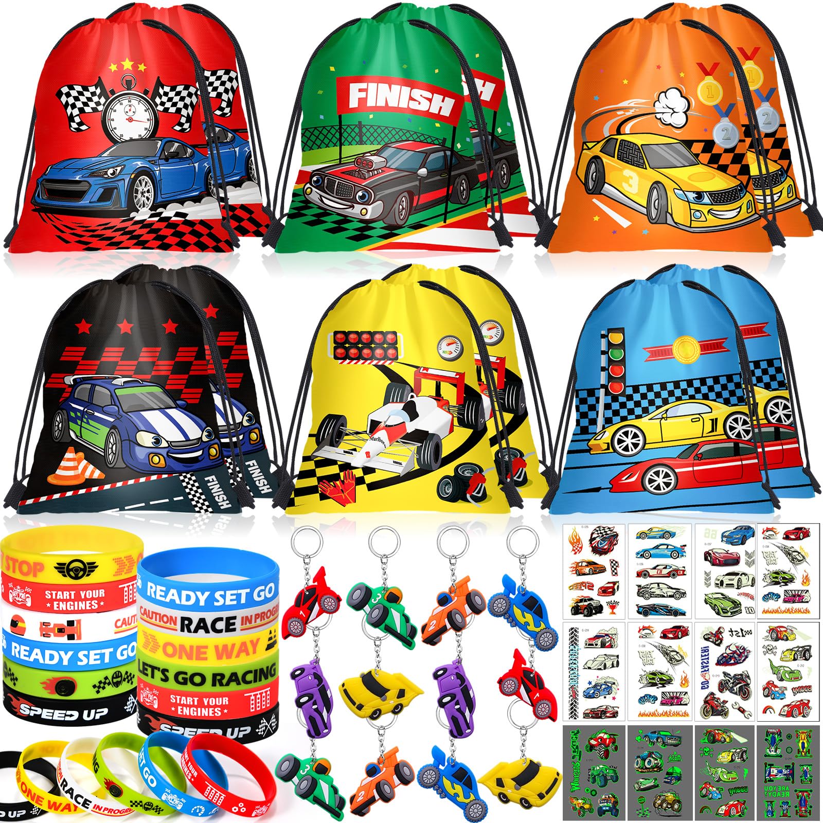Winrayk race car drawstring bag with front patterns, ideal for party loot.