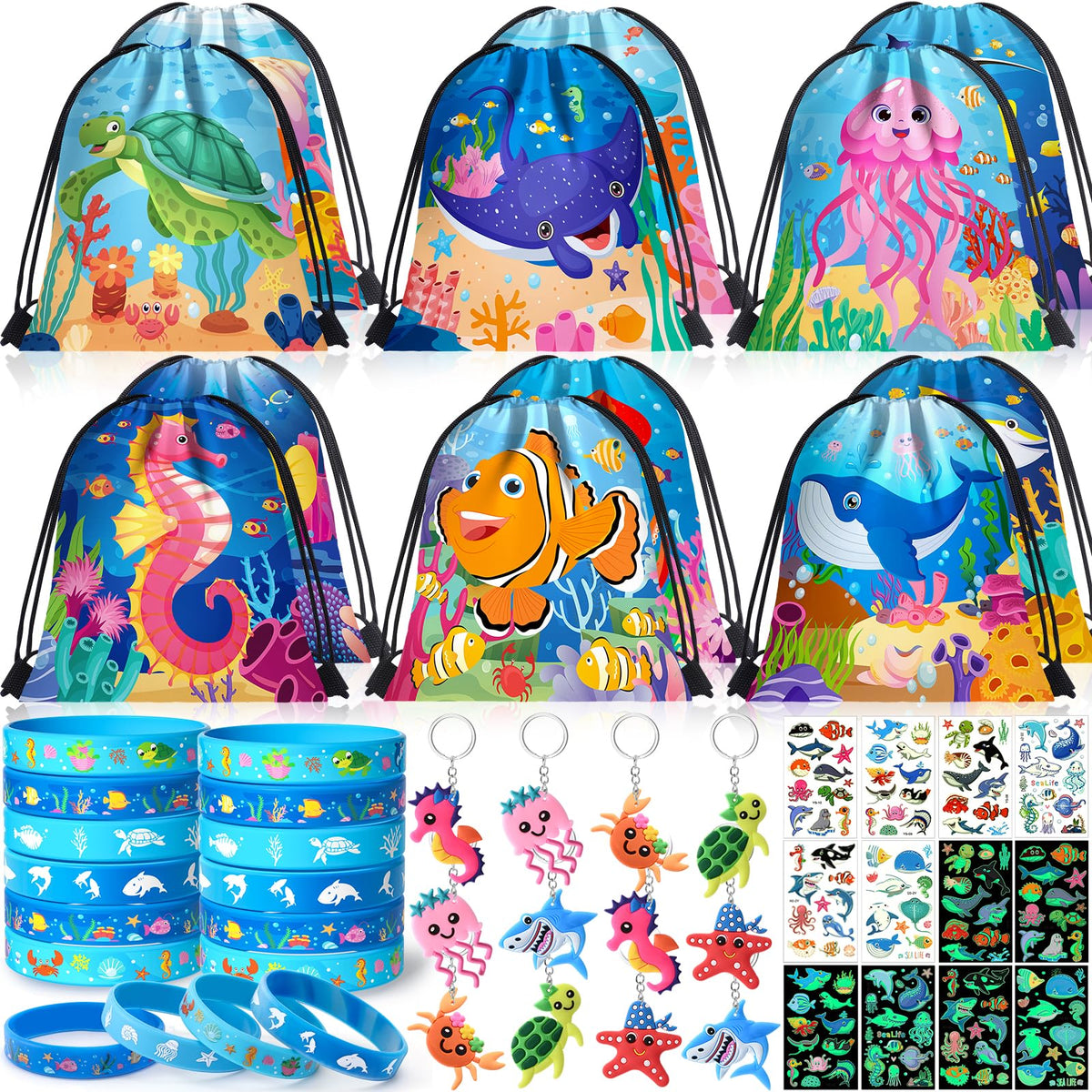 Winrayk drawstring sea bags with playful ocean designs for easy party favor packing