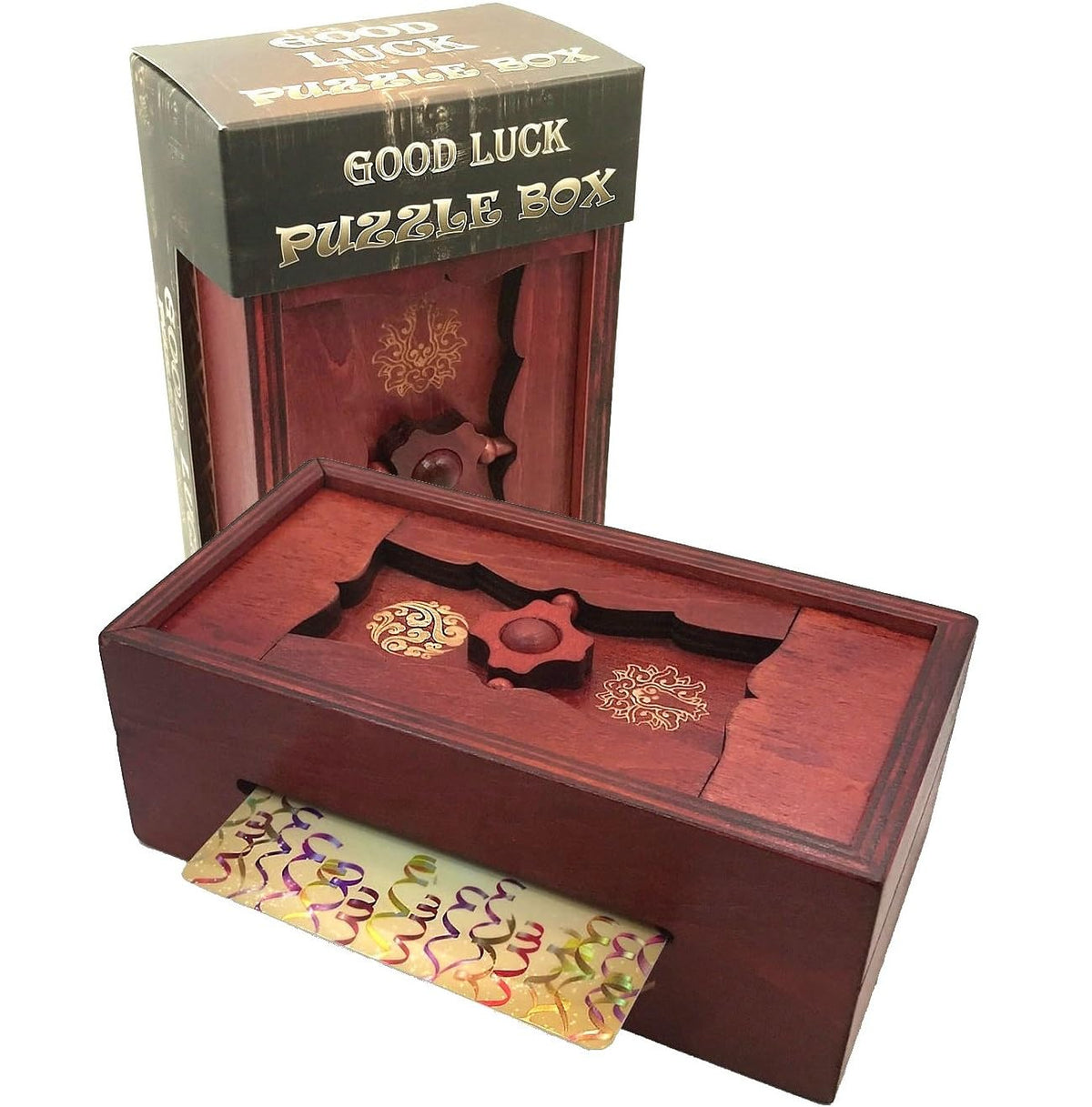 Winshare Good Luck Puzzle Box front view reveals a polished walnut finish and sturdy craftsmanship