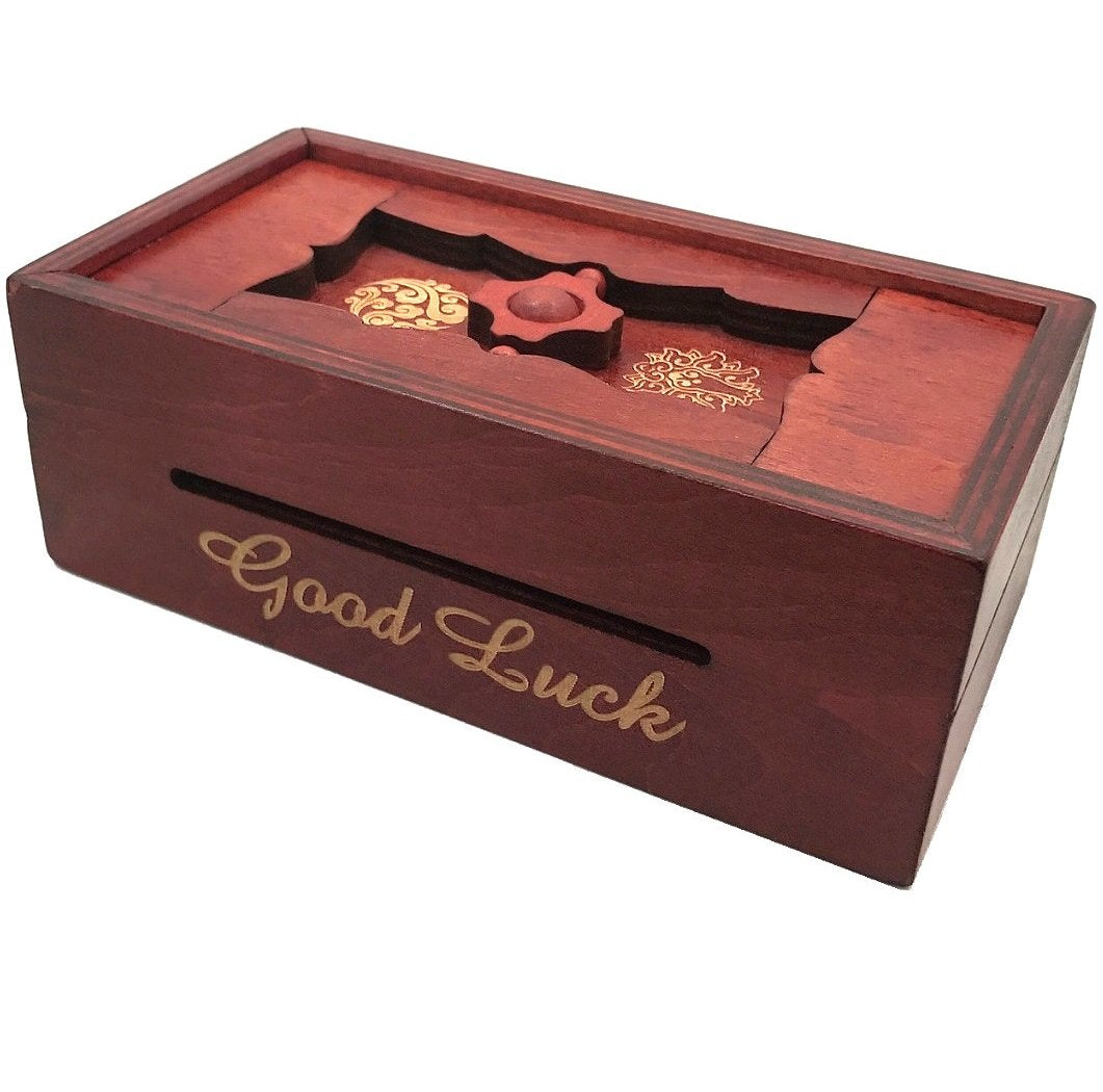 Winshare Good Luck Puzzle Box open state showing the secret mechanism and reward inside