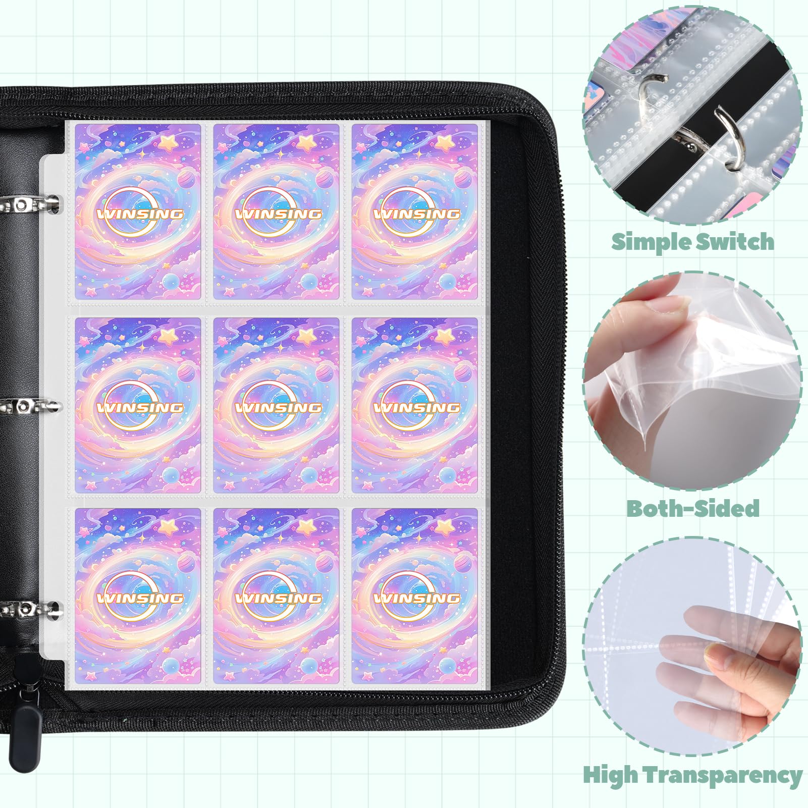 Winsing card binder compatible with MTG, CCG, photocards for versatile use.