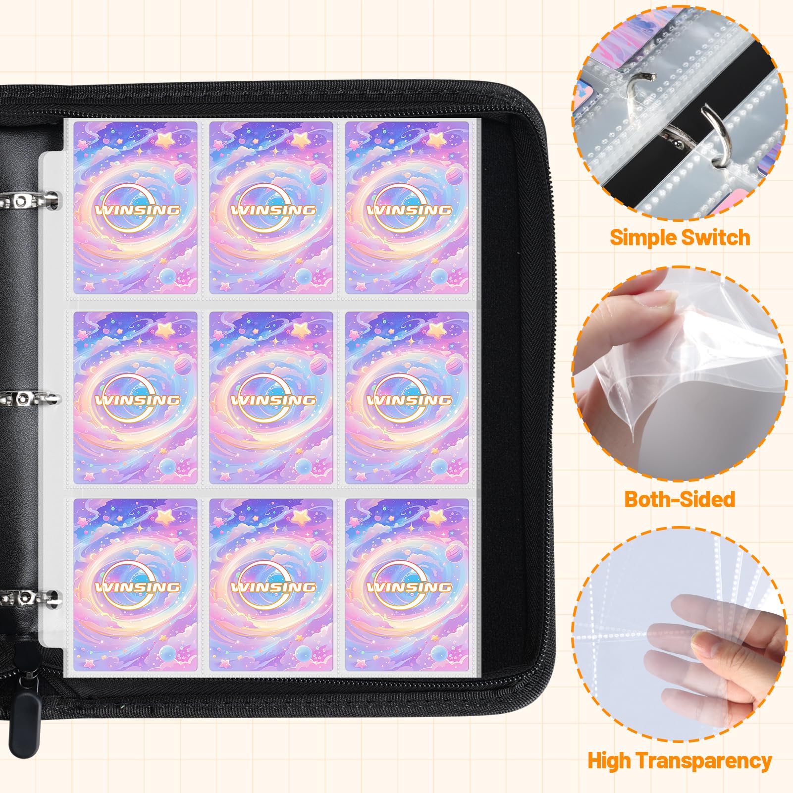 High-transparency inner sleeves of the Winsing Card Binder allow quick viewing of cards.