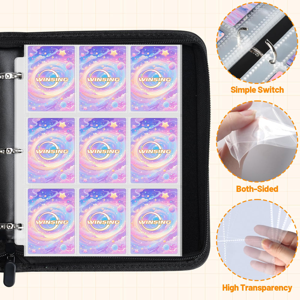 High-transparency inner sleeves of the Winsing Card Binder allow quick viewing of cards.