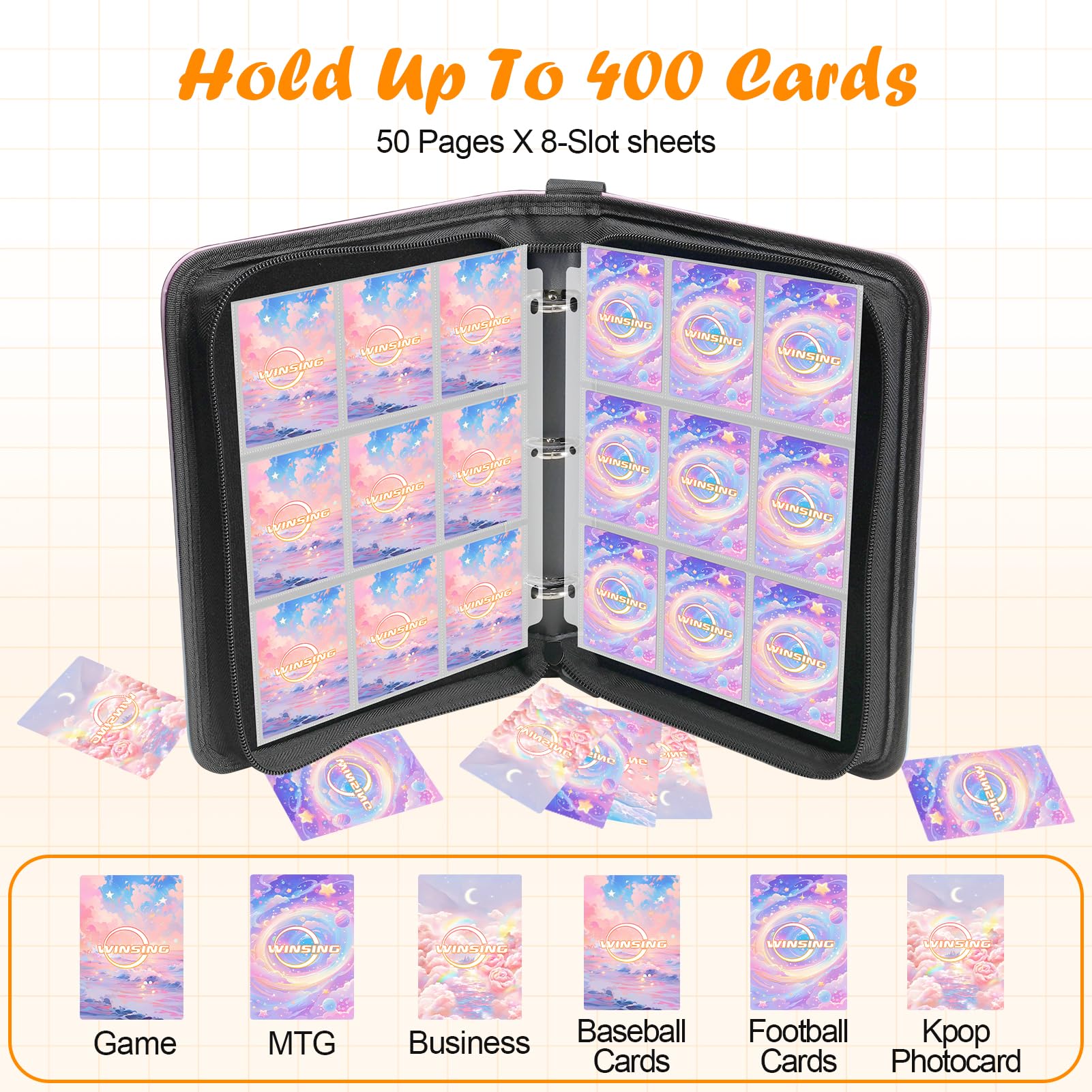 Clear pocket sleeves on the Winsing Card Binder display cards while protecting them.