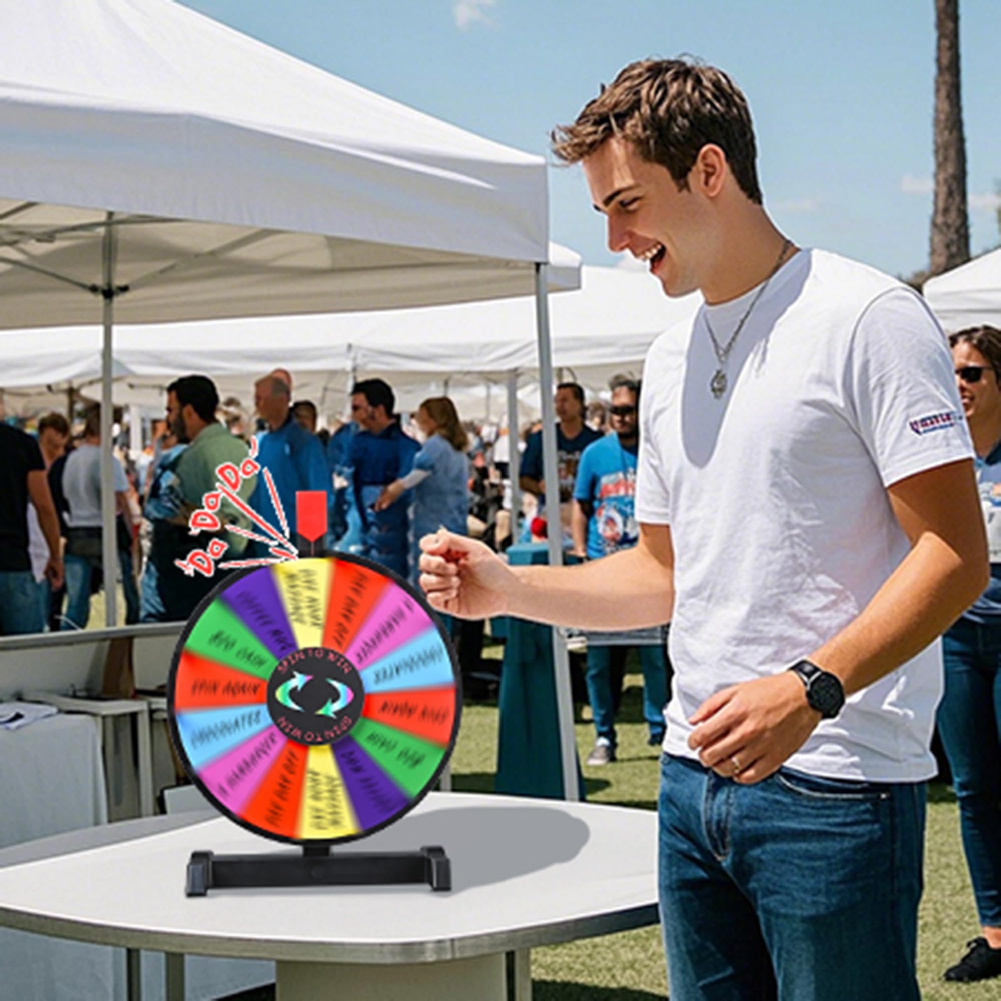 WinSpin 12in prize wheel tabletop, side view, smooth rotation for engaging spins