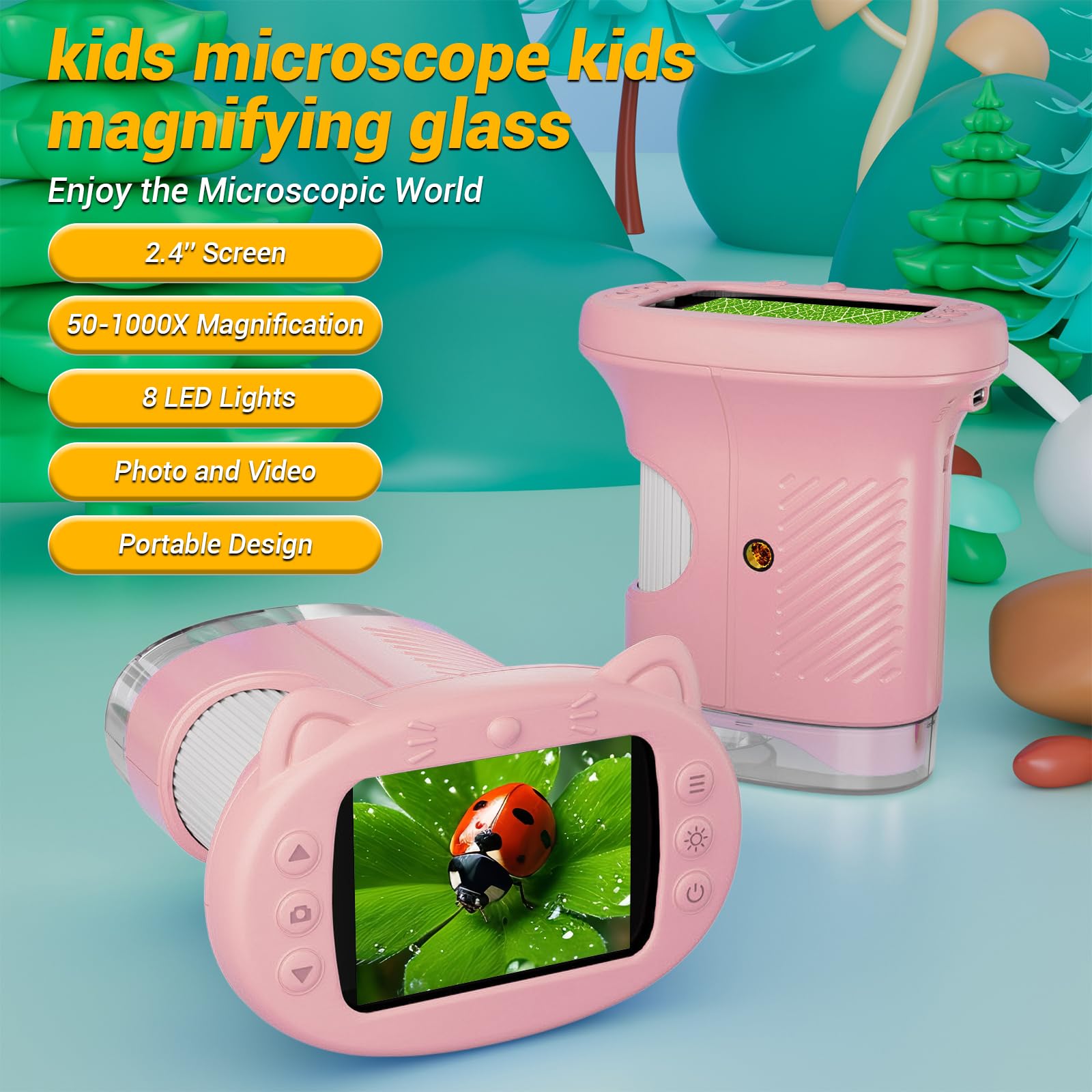 WINWEND pocket microscope 50x-1000x magnification reveals tiny leaf veins and coin textures.