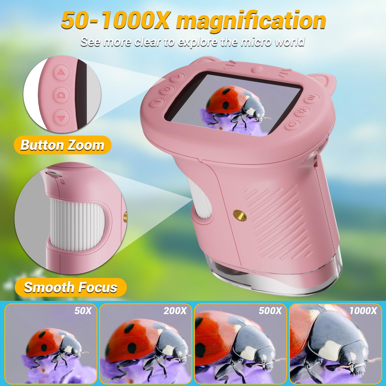 WINWEND pocket microscope's compact design fits small hands for exploration anywhere.
