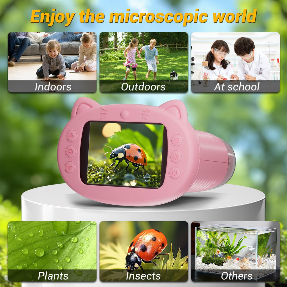 WINWEND pocket microscope includes lanyard and cat-shaped case for portable learning.