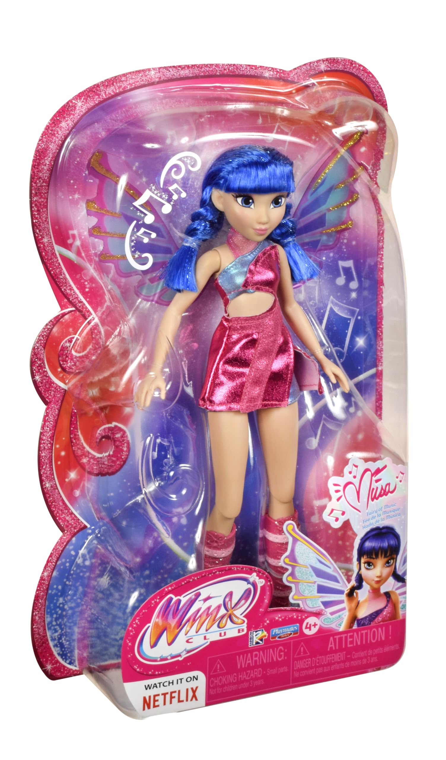 Musa doll wearing pink glitter skirt for colorful dress-up fun.