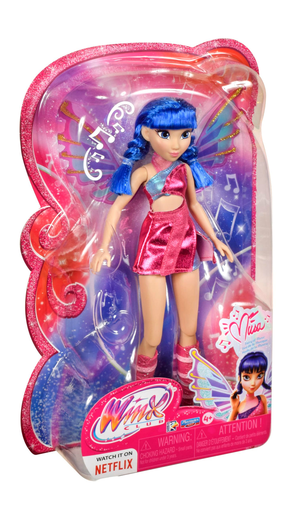 Musa doll wearing pink glitter skirt for colorful dress-up fun.