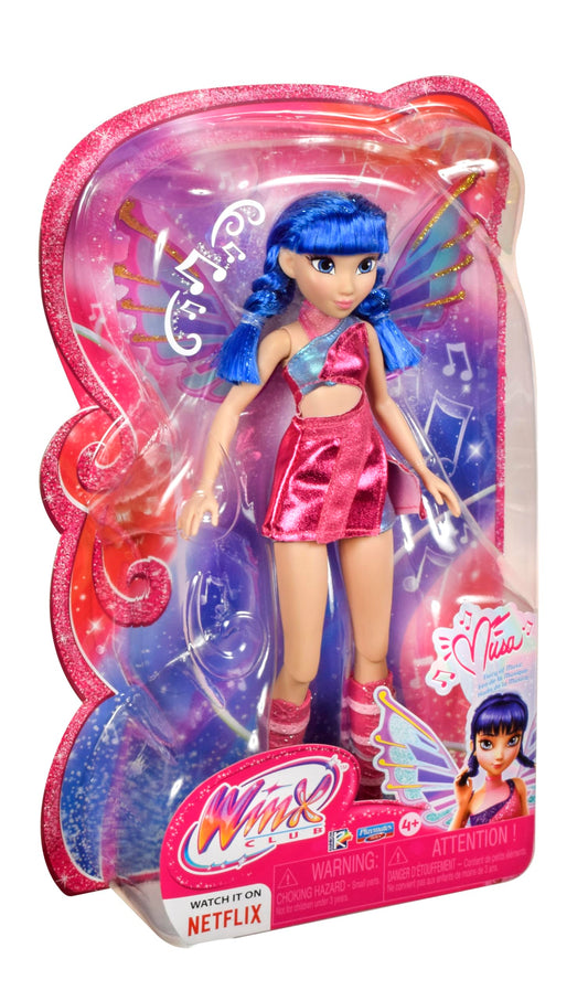 Musa doll wearing pink glitter skirt for colorful dress-up fun.