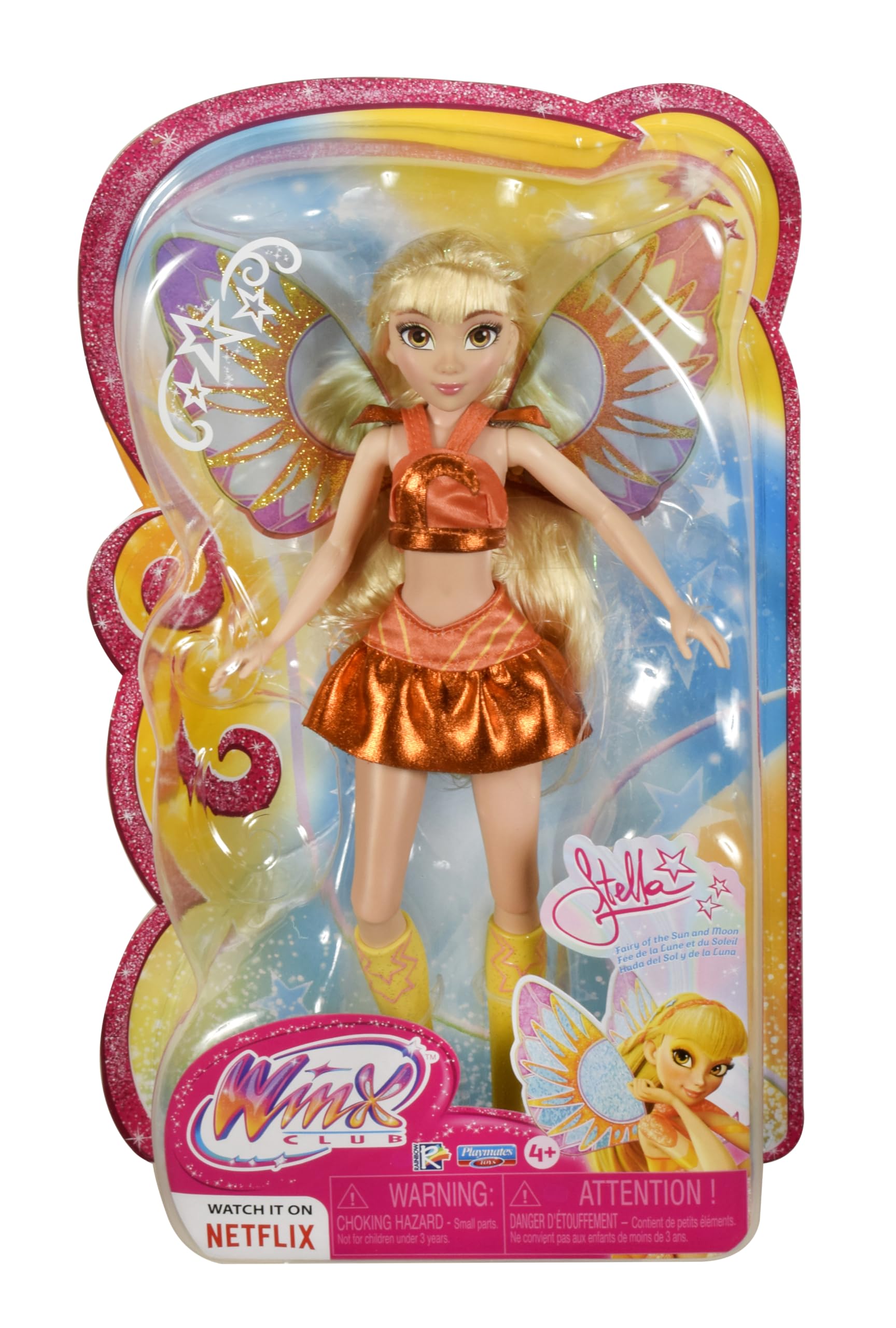 Winx Club Stella sunburst skirt detail adds eye-catching flair for pretend fashion.