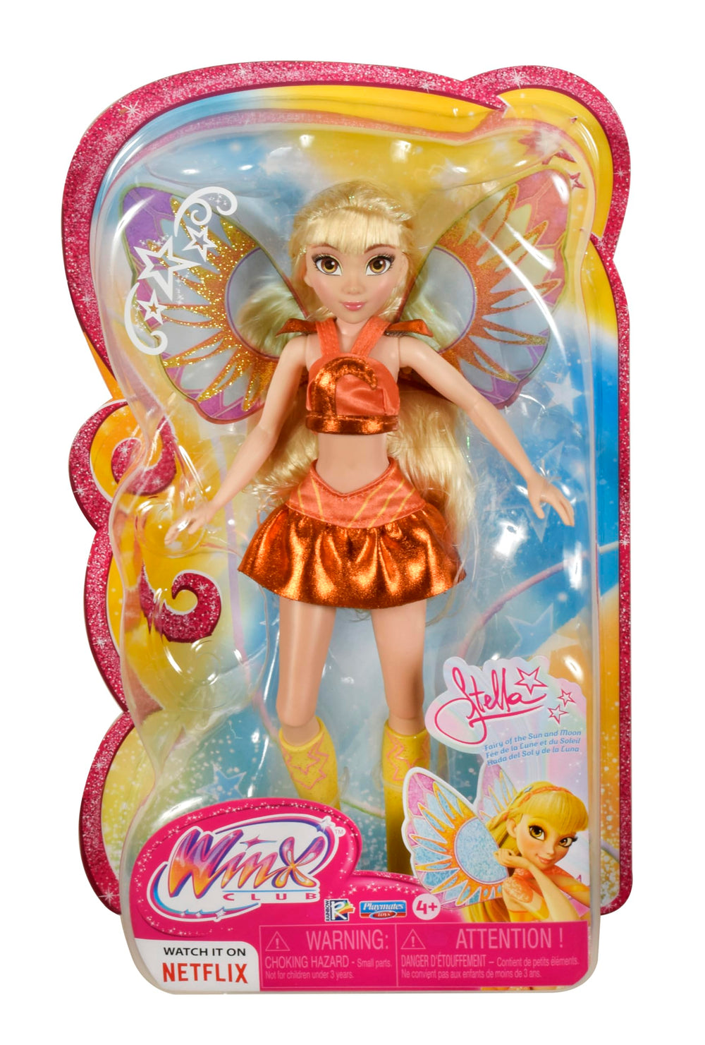 Winx Club Stella sunburst skirt detail adds eye-catching flair for pretend fashion.