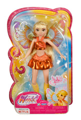 Winx Club Stella sunburst skirt detail adds eye-catching flair for pretend fashion.
