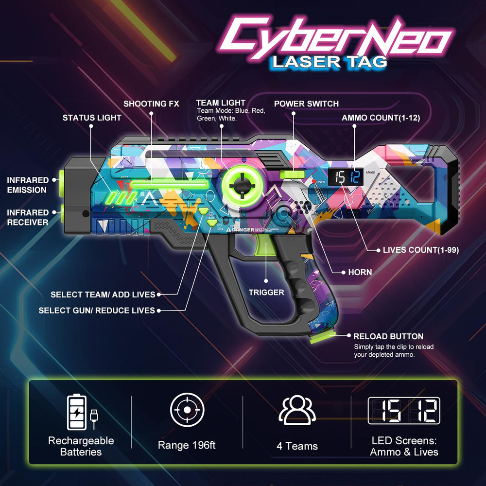 Cyber graffiti art design adds street-style flair to every laser tag match.