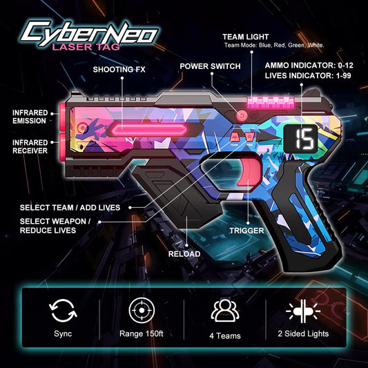 Winyea Tag laser tag guns front view showing cyberpunk design and LEDs.