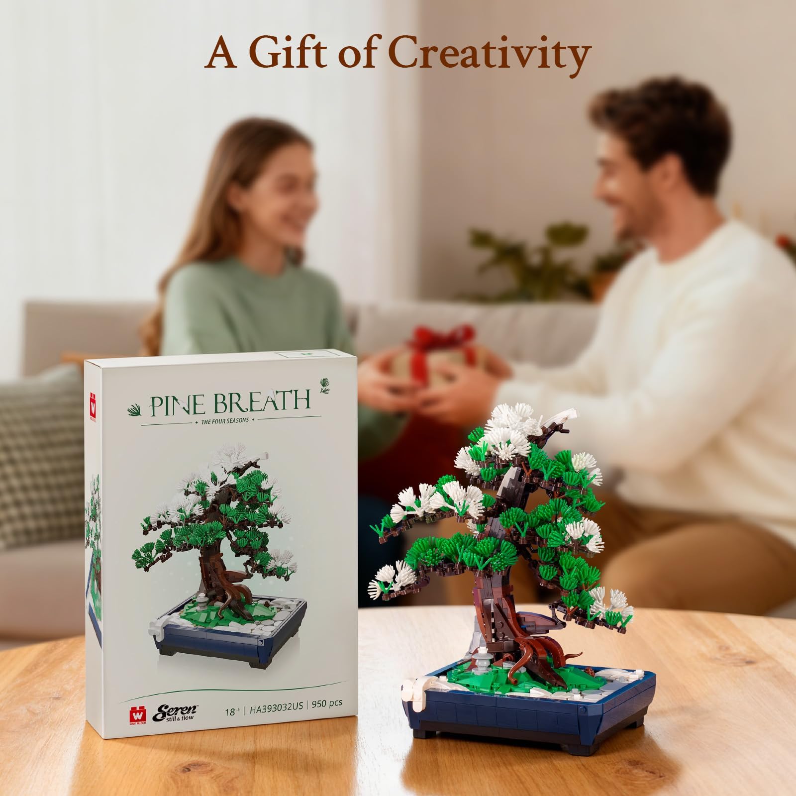 Wise Block Pine Bonsai Tree Building Set magnified piece: attention to detail highlights craftsmanship.